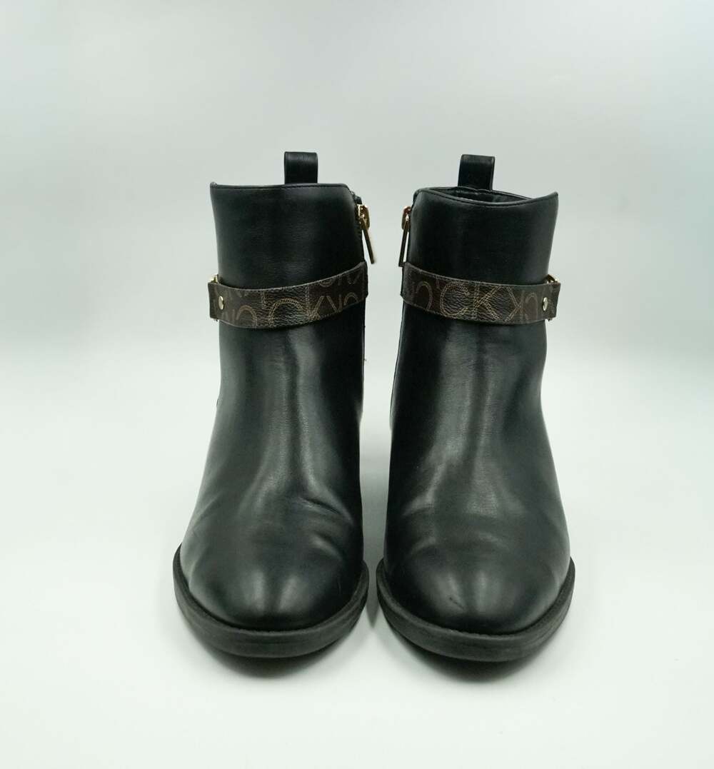 Calvin Klein Dhara Black Ankle Boots with Monogram Logo Strap Size 8.5M